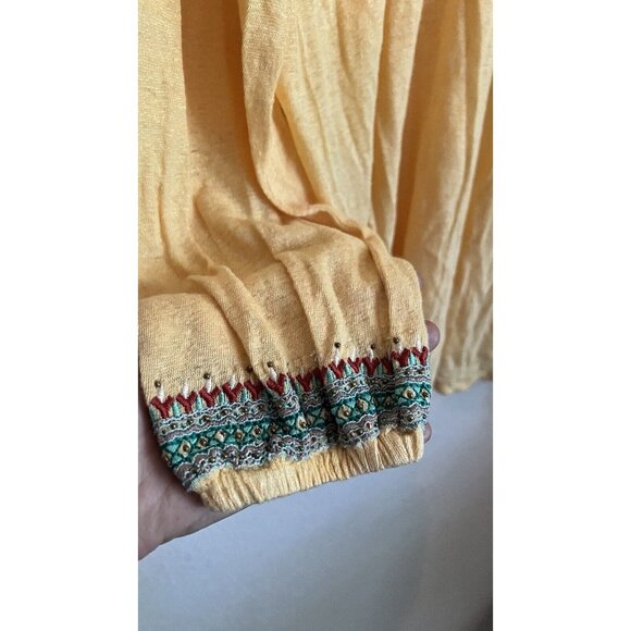 Sundance Catalog Embroidered Top Yellow Beaded Tassel Linen Long Sleeve, Large - Picture 6 of 6